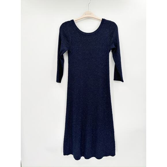Anthropologie Selena Metallic Shimmer Navy Blue Knit Midi Dress Size Small - Picture 2 of 7